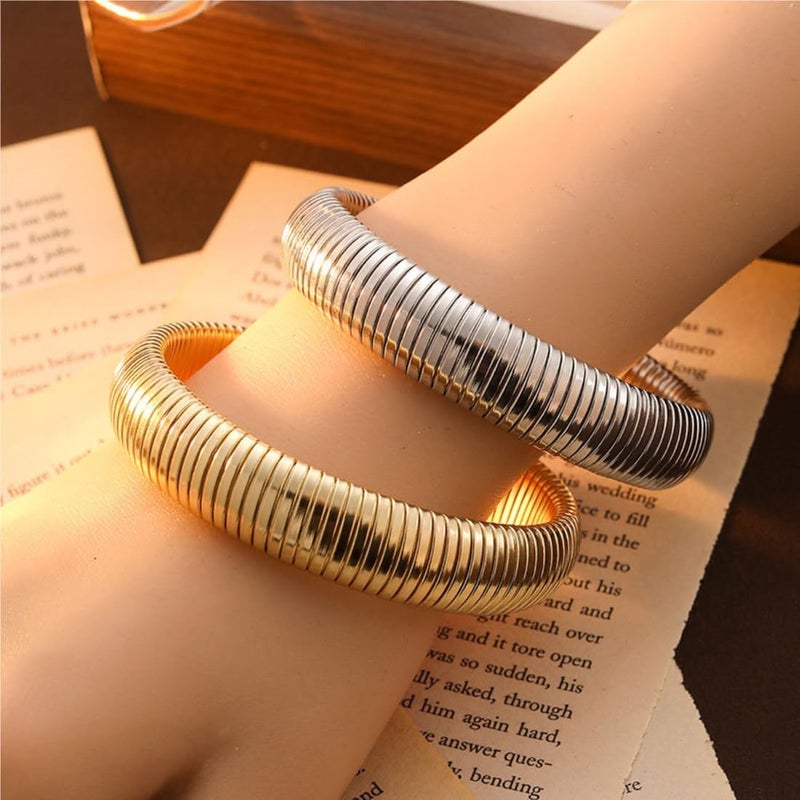 JUNYANGY Gold Bangles for Women Set of 3 Chunky Stretch Bangles Bracelets 24K Gold Plated Stainless Steel Bracelets Flexible Wide Stack Bracelets Designer Look Alike Jewelry for Women - Image 5